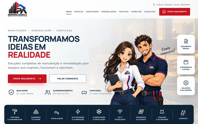 Página inicial do site PA Remodelações