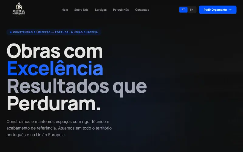 Página inicial do site Universo Milionário
