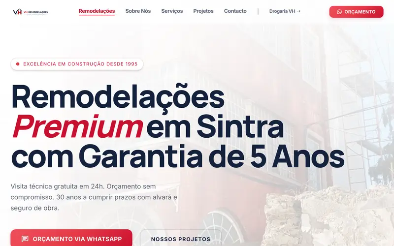 Página inicial do site VH Remodelações